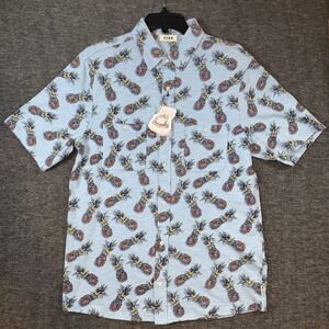Rowm Mens Short Sleeve Pineapple Print Button Up Shirt Hawaiian Blue Sz M NEW